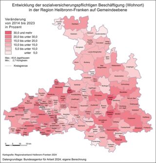 Entwicklung der sozialversicherungspflichtigen Beschäftigung (Wohnort) von 2014 bis 2023 in Prozent