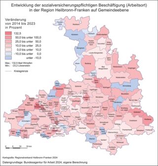 Entwicklung der sozialversicherungspflichtigen Beschäftigung (Arbeitsort) von 2014 bis 2023 in Prozent
